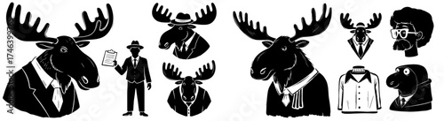 Illustrated Moose Characters in Business Attire - Meeting, Interview & Investigation in a Corporate Office Environment for Presentation, Marketing, Editorial & Advertising Projects (Vintage Art Style)