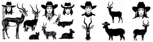 Elegant Gazelle Antelopes & Cowboy Portraits Illustration Set: Black and White Wildlife Graphics, Nature Motifs for Western Themes, Apparel Design, Wild West Decor, Animal Silhouettes,  Vintage Art,