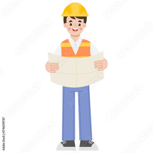 Illustration of Construction Worker Holding Blueprint