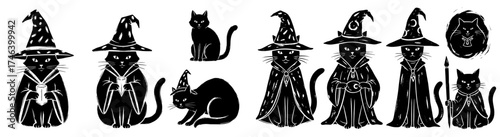 Whimsical Feline Wizards Casting Spells in Magical Realm - Black Cats Potion Brewing, Mystical Arts, Halloween Fantasy Illustration, Occult Symbols, Witchcraft Pets, Animal Charms, Dark Arts, Gothic,