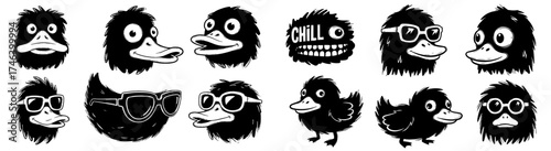 Cartoon Duck Character Illustrations: Quirky, Funny Avian Portraits in Black and White for Graphic Design, Animation, Mascot Branding, and Children's Designs, Delivering Cool, Relaxed Chill Vibes for