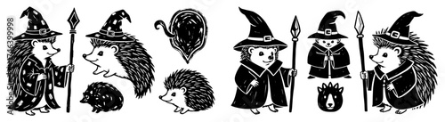 Enchanting Hedgehog Wizards Gathering with Magical Staffs in Mystical Forest Realm, Fantasy Illustration for Children's Books, Whimsical Tales, Educational Resources, Storytelling, Halloween Decor, Fa
