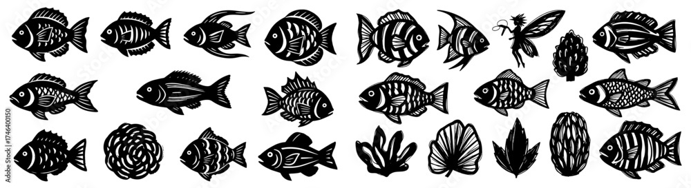 Fototapeta premium Stylized Fishes and Aquatic Plants: Ornamental Illustration for Nautical Decor, Marine Biology Studies, or Creative Print Projects, Wildlife Conservation, Black and White Vector Graphics Design Eleme