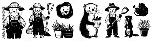 Charming Otter Characters Engaged in Gardening Activities, Cute Gardeners With Tools, Plants, and a Rustic Aesthetic for Children's Books, Educational Materials, Nature Conservation Awareness, and Whi