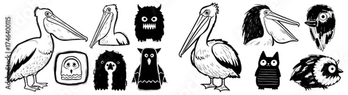 Whimsical Avian & Monster Collection: Playful Pelican, Quirky Owl & Furry Monster Illustrations in Graphic Black and White for Children's Book Design, Fantasy Art, Creative Illustration, Cartoon Conce