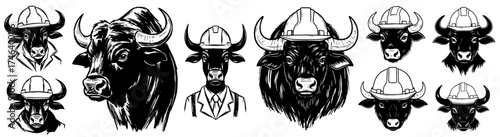 Illustrative Bull Mascot Team Construction Workers Posing for Success and Teamwork in Monochrome Style, Delivering Strength and Reliability for Industry Promotion, Branding, Presentation, T-shirts, St