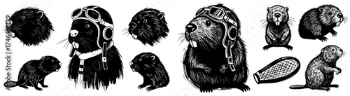 Beavers Engaged in Hobbies and Professions Artwork: Illustrations of Wildlife, Some Wearing Aviator Gear and Engaging in Sports Like Tennis, Conceptualizing Fun, Playfulness, and Nature Graphics in Mo
