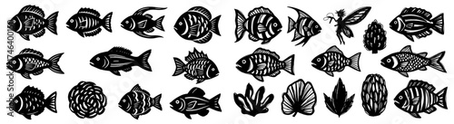 Stylized Fishes and Aquatic Plants: Ornamental Illustration for Nautical Decor, Marine Biology Studies, or  Creative Print Projects, Wildlife Conservation, Black and White Vector Graphics Design Eleme