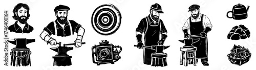 Artisan Blacksmiths Forging Metalwork in Workshop Setting: Traditional Craftsmanship, Handmade Ironworks, Medieval Tradesman, Heritage Industry, Historical Reenactment, Skilled Labor, Creative Hobby,