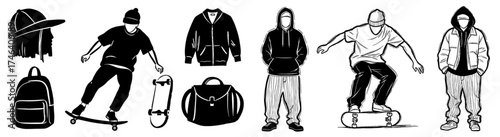 Urban Skateboarder Lifestyle Illustration: Trendy Youth Culture Outfits and Gear for Active Modern Living in the City, Streetwear Fashion, Skateboarding Accessories, Backpacks, Apparel Designs, Casual