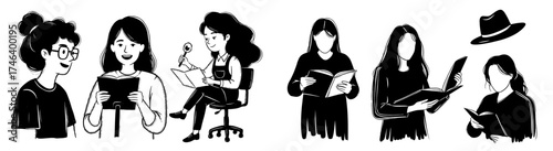 Diverse Women Reading Books: Studying Literature in Modern Education & Academia, Enjoying Fictional Stories, Researching with Magnifying Glass, Conceptualizing Intellectual Pursuits & Knowledge, Black