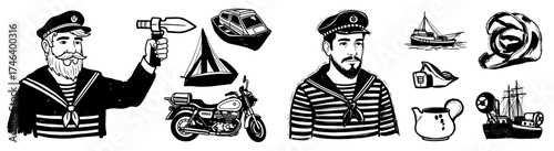 Vintage Sailor Adventures: Maritime Captain with Nautical Vessels and Transportation Outings, Hand-Drawn Illustration for Adventure Lifestyle Marketing, Marine Travel, and Traditional Professions, Bol