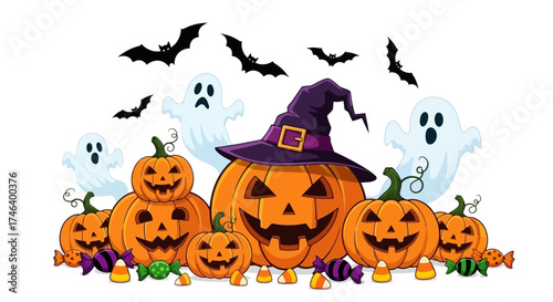A Halloween themed vector illustration featuring pumpkins, ghosts, bats, candy and a witch hat, white background