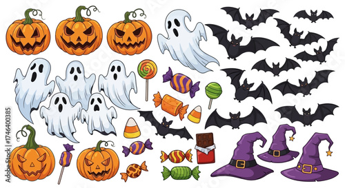 Spooky Halloween Clipart Collection Pumpkins, Ghosts, Bats, Candy, and Witch Hats for Decoration
