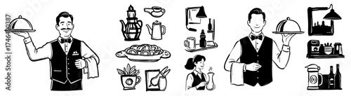 Elegant Restaurant Service Illustration Set: Waiters Serving Food & Drinks in Traditional Style, Hospitality Business Graphics for Menu Design, Advertising, & Website, Hand-Drawn Sketch Line Art for C