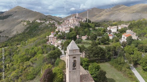 Aerial drone footage of Santo Stefano di Sessanio, Abruzzo, showcasing medieval stone buildings and stunning mountain surroundings