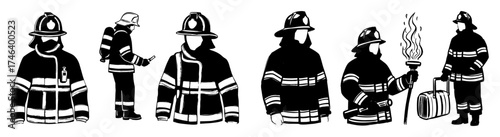 Illustrative Firefighters in Action: Emergency Responders Confronting Risks, Saving Lives in Dangerous Scenarios Depicted as Strong, Brave Heroes in Line Art Style, Ideal for Safety Campaigns and Prof