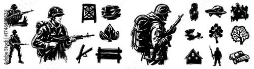 Soldier Patrols War-Torn Landscape Sketch, Ready for Combat, Defending Home, and Maintaining Peace, Set Amidst Buildings, Trees, and Barriers - A Graphic Illustration for Military, Politics, and Histo
