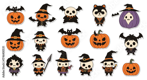 Collection of cute and spooky Halloween themed vector stickers with various characters, white background