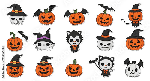 Collection of cute and spooky Halloween themed vector stickers with various characters, white background