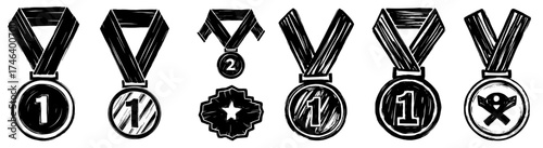 Hand-Drawn Medals Set for Awarding Achievement and Success: Competition Victory, Excellence Recognition, Champion First Place, Prize Reward in Sports, Business, Education – Vintage Vector Graphic Elem