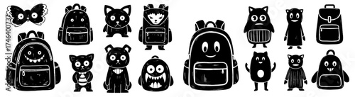 Cartoonish Backpacks and Monster Characters Collection, Whimsical School Accessories and Creatures for Children's Illustrations, Funny Education Design Elements, Graphic Novel Assets, Fantasy, Vector