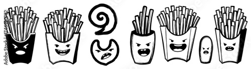 Cartoon French Fries Characters Expressing Emotions in Fast Food Setting: Whimsical Food Illustration for Menu Design, Restaurant Marketing, or Children's Education Material with Funny, Sketchy Black