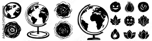 Illustrated Globe Icons and Floral Rosettes for Education and Environmental Awareness in Graphic Design Projects, Representing Global Issues, Ecology, Geography Studies, Botanical Themes, Nature Prese