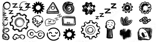 Doodle Icons Set Conveying Creative Ideas and Concepts with Brush Stroke Style, Representing Sleeping, Gear Mechanism, Sadness, Connectivity, for Presentations, Marketing, and Technology Illustrations