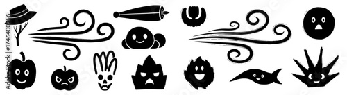 Whimsical Halloween Silhouettes Collection: Spooky Characters, Wind Gusts & Eerie Elements for Festive Designs – Graphic Illustration Set for Invitations, Decorations, Trick-or-Treating, Costumes, Par