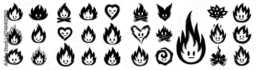 Playful Fire Character Icons with Expressive Faces: Emotive Flames for Graphic Design, Web Elements, Branding, Creative Projects, Heat Illustration, Campfire Symbol, Animated Cartoon Style for Marketi