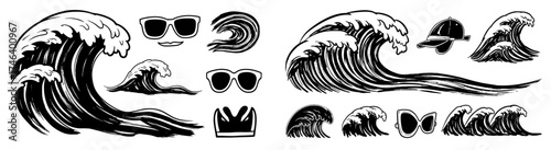 Stylized Ocean Waves Graphic Elements for Summer Designs: Surfing, Beach, Vacation, Coastal Lifestyle Illustrations in Black and White for Prints, Marketing, and Website Design, Nautical Theme for Tra