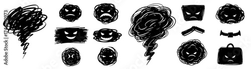 Angry Dark Clouds Emotions Icons Collection, Negative Moods and Feelings, Stormy Weather Concept, Abstract Distress, Stressful Situations, Fear and Anxiety, Bad Luck, Evil Spirits, Vector Graphic Elem