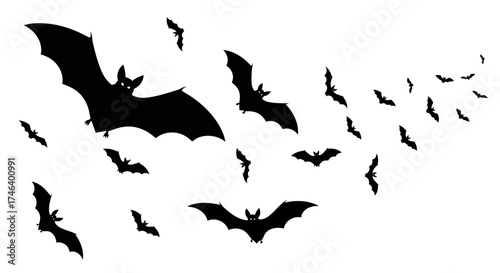 A spooky Halloween vector image featuring flying black bats silhouettes isolated on white, white background