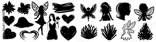 Whimsical Fairytale Graphics: Fantasy Silhouette Elements Collection Featuring Fairies, Flowers, Hearts, and Magical Shapes for Storytelling, Children's Designs, Dreamy Illustrations, Creative Project