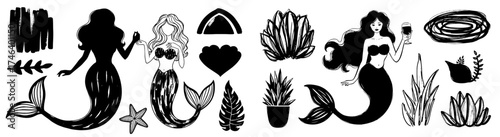 Elegant Mermaid Illustrations Collection with Ocean Flora and Fauna Elements, Aquatic Plants and Stylish Wine Glass, Ideal for Fantasy Art, Tattoo Designs, and Bohemian Invitations, Modern Nautical De