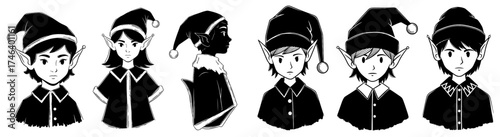 Six Serious Elf Characters in Various Poses Illustrations Isolated on White Background for Festive Designs, Christmas Tales, Fantasy Art, Children's Books, Anime Style, Holiday Illustrations, Drawing