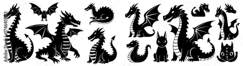 Mythical Dragons Collection in Silhouette, Fantastic Creatures for Children's Fantasy Story Illustrations and Decorative Art, Gaming Assets, Tattoo Designs, Medieval Lore, Magical Creatures, Adventure