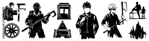 Construction Workers in Architectural Drawings, Outlines, and Sketches: Engineering, Building Plans, Technical Design, and Retro Black and White Illustrations for Industry, Business, and Art Presentat