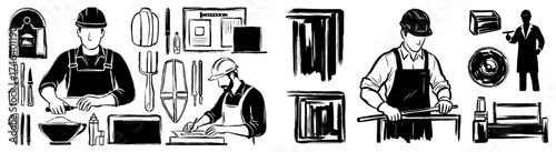 Craftsmen at Work Designing Furnishings and Building Architecture with Hand Tools in a Workshop Setting, Creating Furniture Prototypes, Carpentry, Interior Design, Illustration, Black and White Drawin