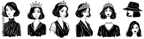 Elegant Women Portraits in Black and White Fashion Illustration Style, Stylish Ladies with Classy Bob Haircuts and Crowns for Beauty Brand Design, Fashion Blog Graphics, or Retro-Modern Editorial Proj