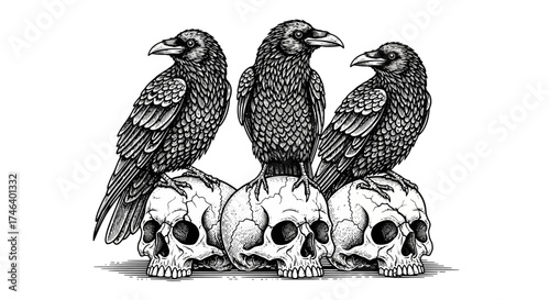 Three engraved ravens perched atop human skulls in a vintage style, white background