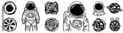 Illustrative Astronaut Exploring Galaxy Art, Cartoon Spaceman Universe Adventure, Cosmic Journey, Space Exploration, Sci-Fi Concepts, Future Technology, Creative Arts, Isolated Graphics, Black and Whi