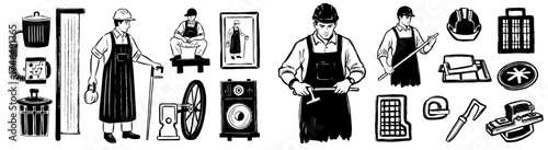 Vintage Industrial Workers Illustrations Set: Retro Craftsmen in Black and White with Tools, Manufacturing Equipment, and Portraits for Factory, Construction, Engineering, or Historical Projects, Idea