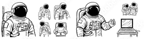 Astronauts Exploring Space and Technology, Communicating with Earth via Laptop on a Desk in a Futuristic Setting, Representing Exploration, Innovation, Education, Science and Engineering with a Drawn