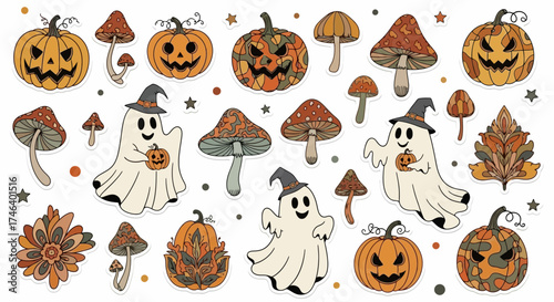 Retro Groovy Halloween sticker set featuring pumpkins, ghosts, mushrooms, and floral elements, white background