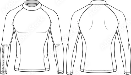 Athletic shirt flat sketch, long sleeve technical drawing, compression sportswear design, raglan sleeve top, high neck apparel, garment CAD template, fashion illustration