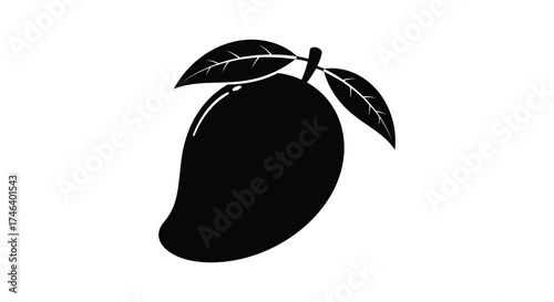 Silhouette of a ripe mango with two green leaves and stem against a white backdrop symbolizing freshness and tropical fruit silhouette