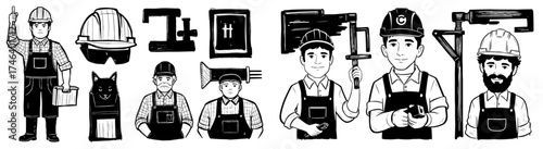 Diverse Crew of Construction Workers and Engineers Cartoon Style Icons and Symbols Ready to Build and Repair with Tools and Safety Gear - Industry Professions and Trades Teamwork Designs for Presentat