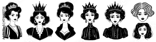 Elegant Queens Portraits Collection: Stylish Women Character Designs in Royalty Attire for Historical Fashion Illustration, Vintage Storytelling, and Decorative Arts Projects with Classic Aesthetics a